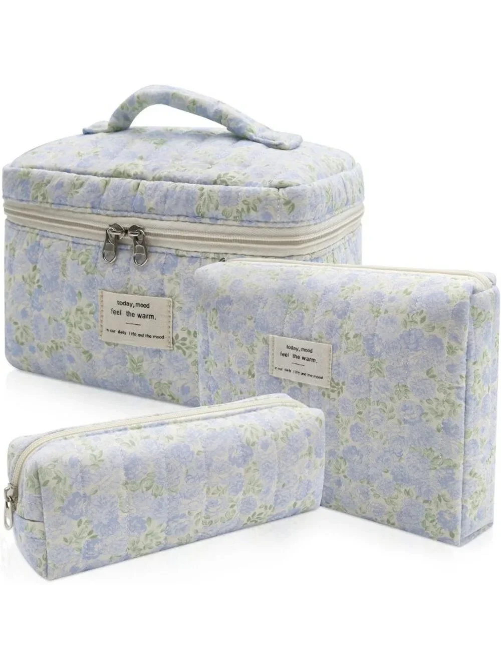 3pc Floral Makeup Bag Set - Quilted Cosmetic Organizer for Travel & Toiletries